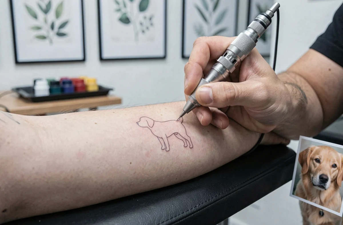 Tatoueur réalisant un tatouage minimaliste de chien au trait fin sur l'avant-bras d'un client dans un studio moderne