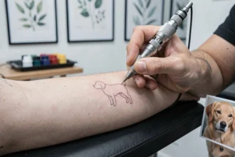 Tatoueur réalisant un tatouage minimaliste de chien au trait fin sur l'avant-bras d'un client dans un studio moderne