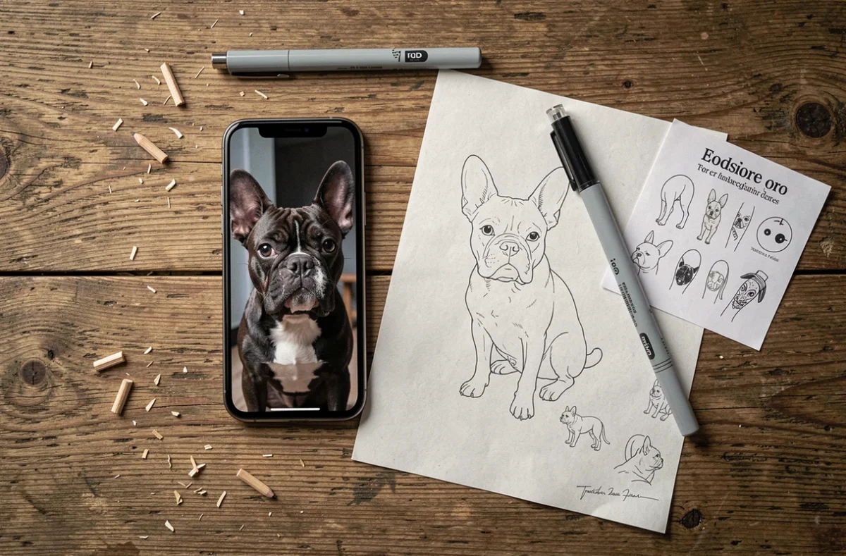 Vue de dessus d'un bureau avec un croquis de tatouage chien minimaliste, un smartphone et des références de design pour personnalisation