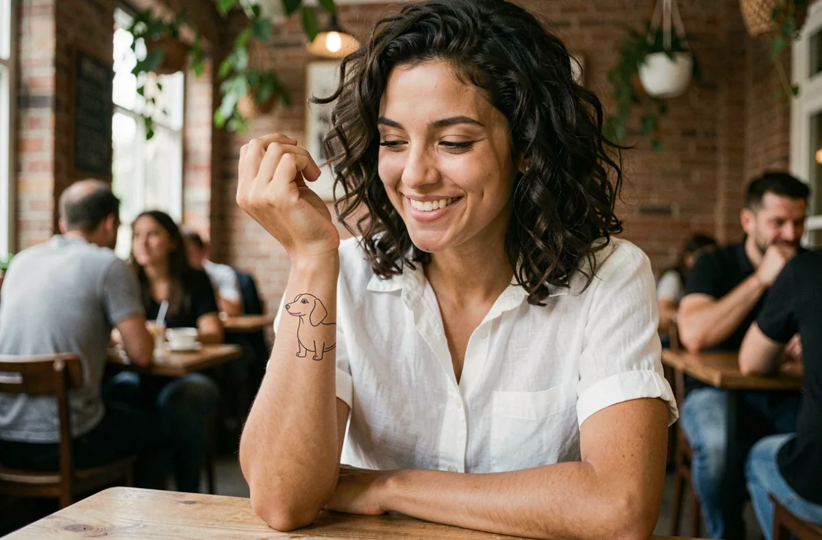 Jeune femme admirant son tatouage minimaliste de chien teckel sur le poignet dans un café urbain