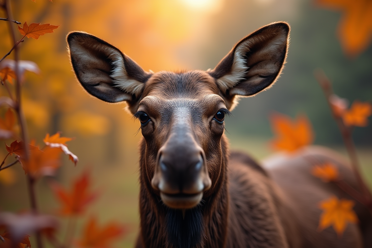 Tête de moose regardant à travers les feuilles d