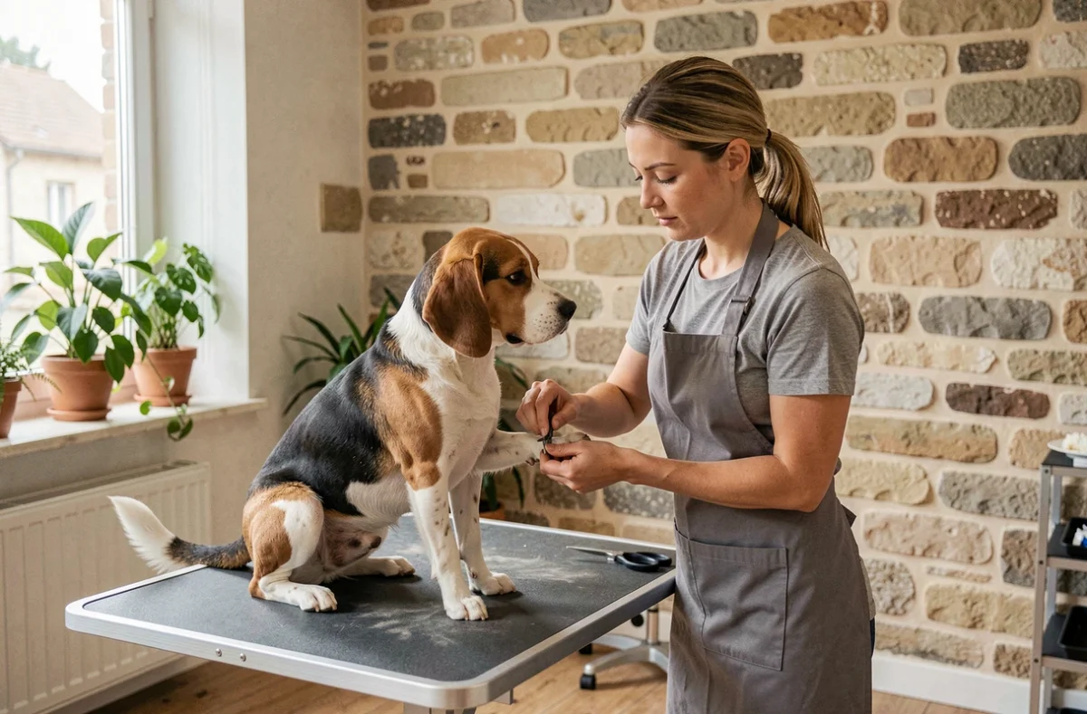 Toiletteuse taillant les pattes d'un beagle dans le salon Toilettage de l'Octroi à Niort