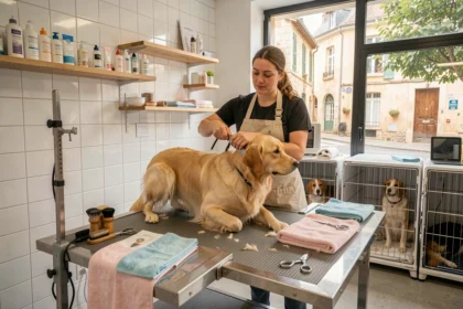 Vue d'ensemble d'un salon de toilettage canin professionnel en Nouvelle-Aquitaine avec un toiletteur au travail