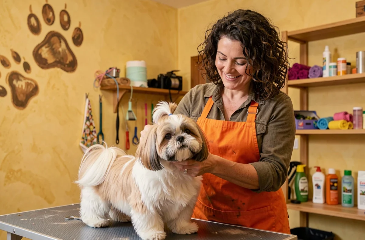 Toiletteuse avec un Shih Tzu dans le salon TOUTOU'BO à Bessines