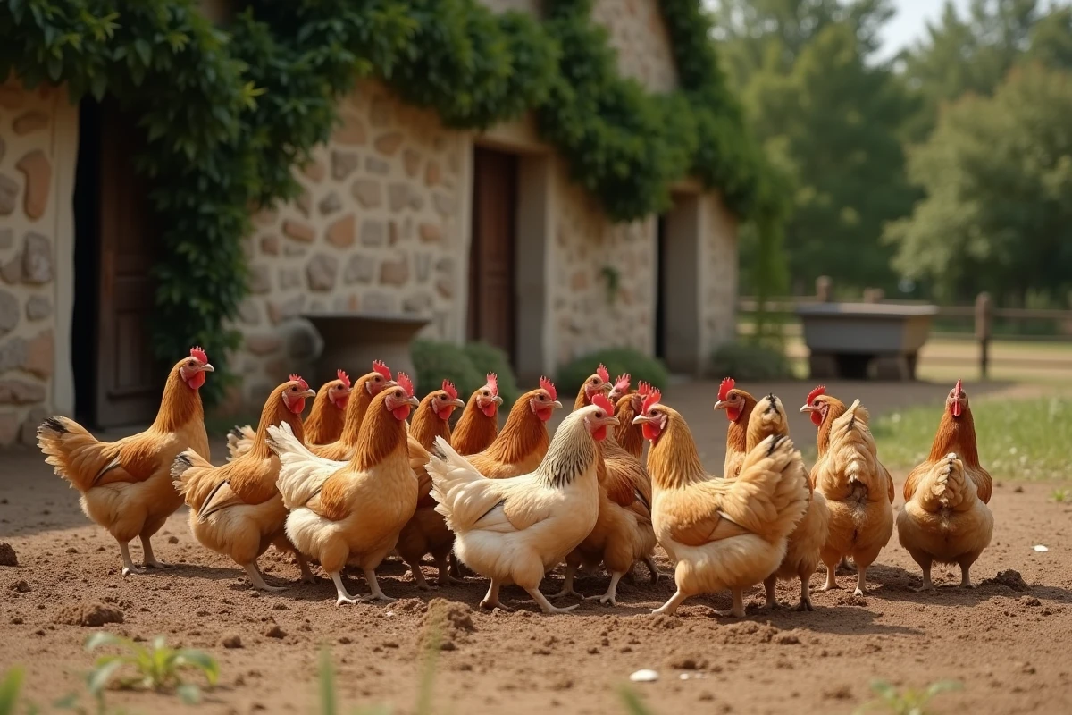 Groupe de poules pondeuses de races différentes se vautrant dans la poussière dans un élevage en plein air, illustrant les comportements naturels et la vie sociale des poules en liberté