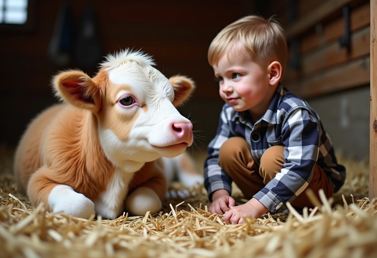 Jeune garçon caressant un veau dans une étable