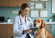 Vétérinaire analyse un rapport d'ADN avec un chien golden retriever