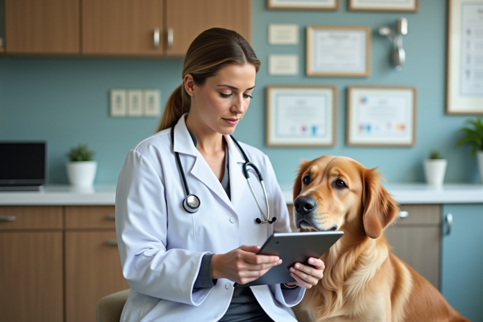 Vétérinaire analyse un rapport d'ADN avec un chien golden retriever