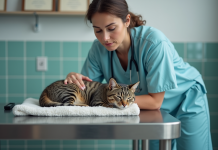 Vétérinaire réconfortant un chat âgé dans une clinique