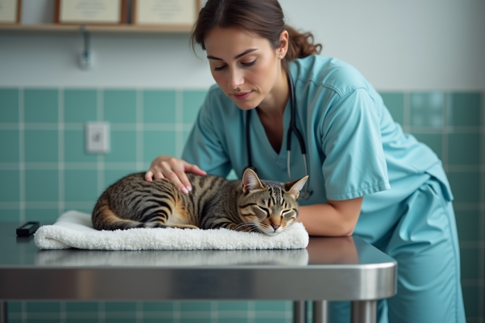 veterinaire-animaux-soins Vétérinaire réconfortant un chat âgé dans une clinique