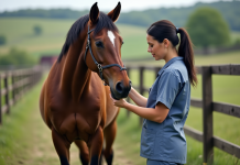 Vétérinaire femme vérifiant le sabot d'un cheval en campagne