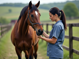 Bien-être animal : découvrir cinq exemples concrets et pratiques Vétérinaire femme vérifiant le sabot d'un cheval en campagne