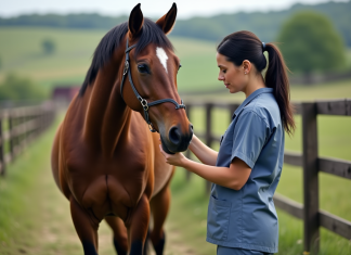 Bien-être animal : découvrir cinq exemples concrets et pratiques Vétérinaire femme vérifiant le sabot d'un cheval en campagne