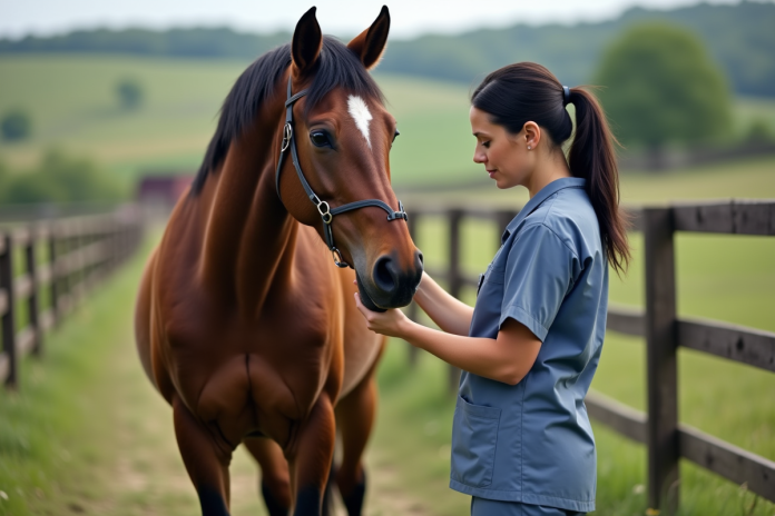 Vétérinaire femme vérifiant le sabot d'un cheval en campagne