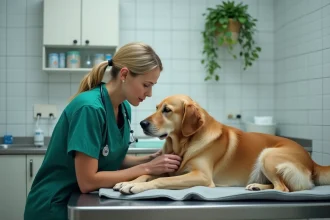 Vétérinaire accompagnant un vieux chien golden retriever dans une salle d'examen clinique