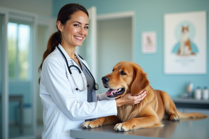 Vétérinaire souriante avec un chien golden retriever