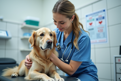 Vétérinaire avec un chien dans une clinique moderne