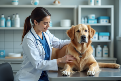 Vétérinaire examinant un chien dans une clinique moderne