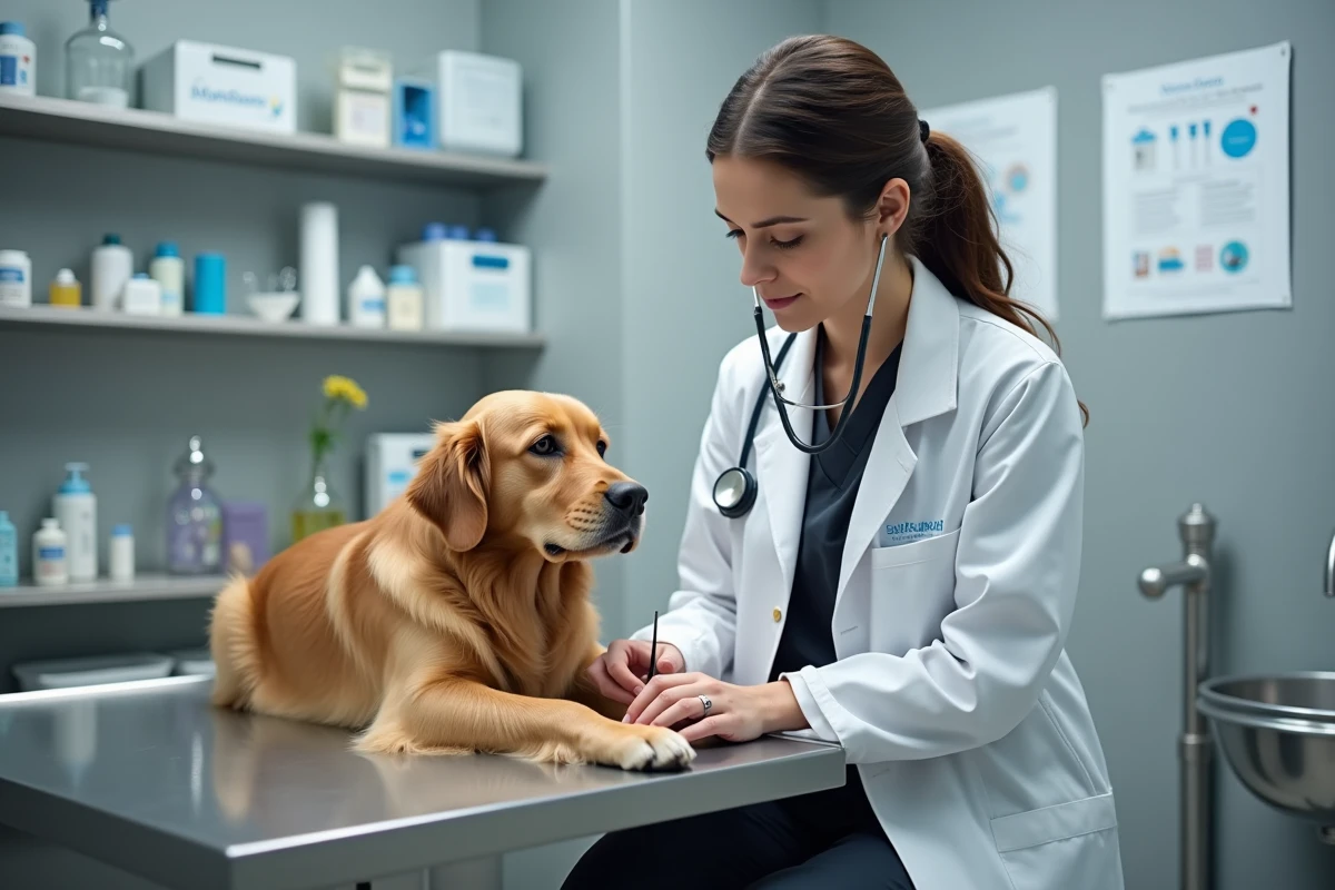 Vétérinaire femme en clinique canine examinant un golden retriever sur une table d'examen en acier inoxydable