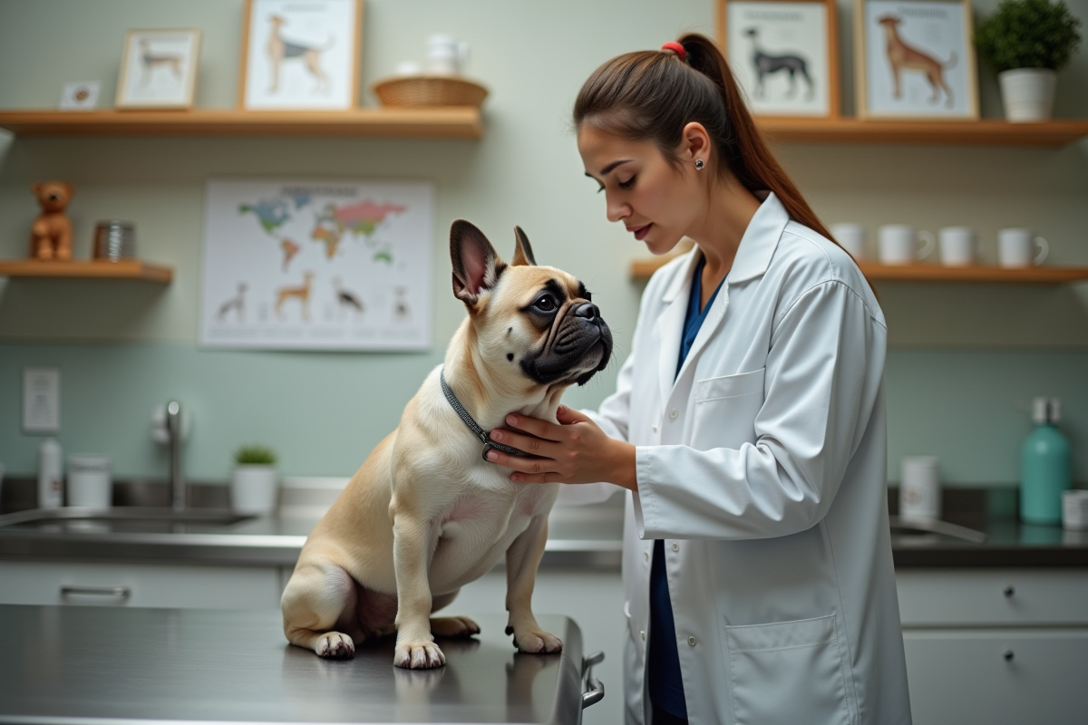 Vétérinaire examinant un bouledogue français dans une clinique