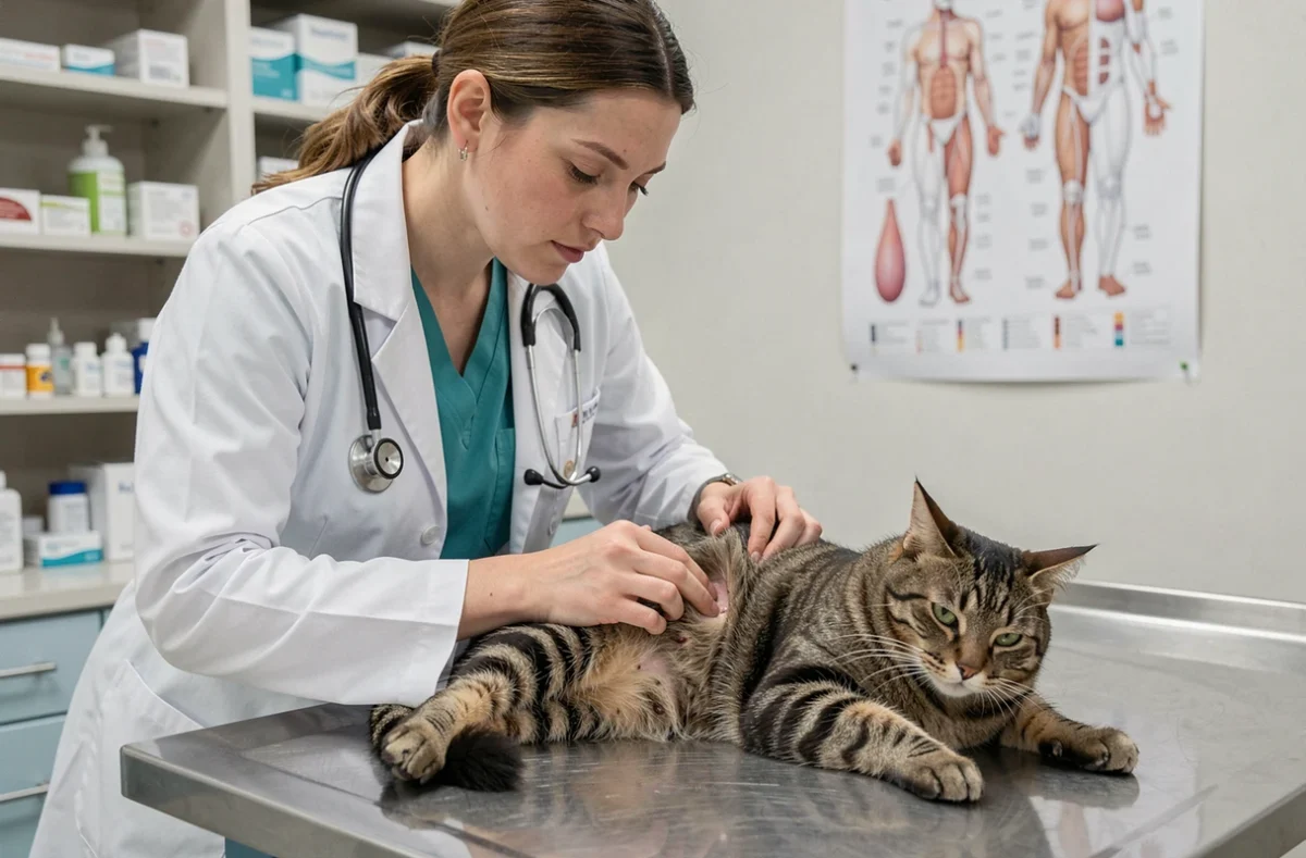 Vétérinaire examinant la peau d'un chat tigré pour détecter une allergie aux piqûres de puces en cabinet vétérinaire