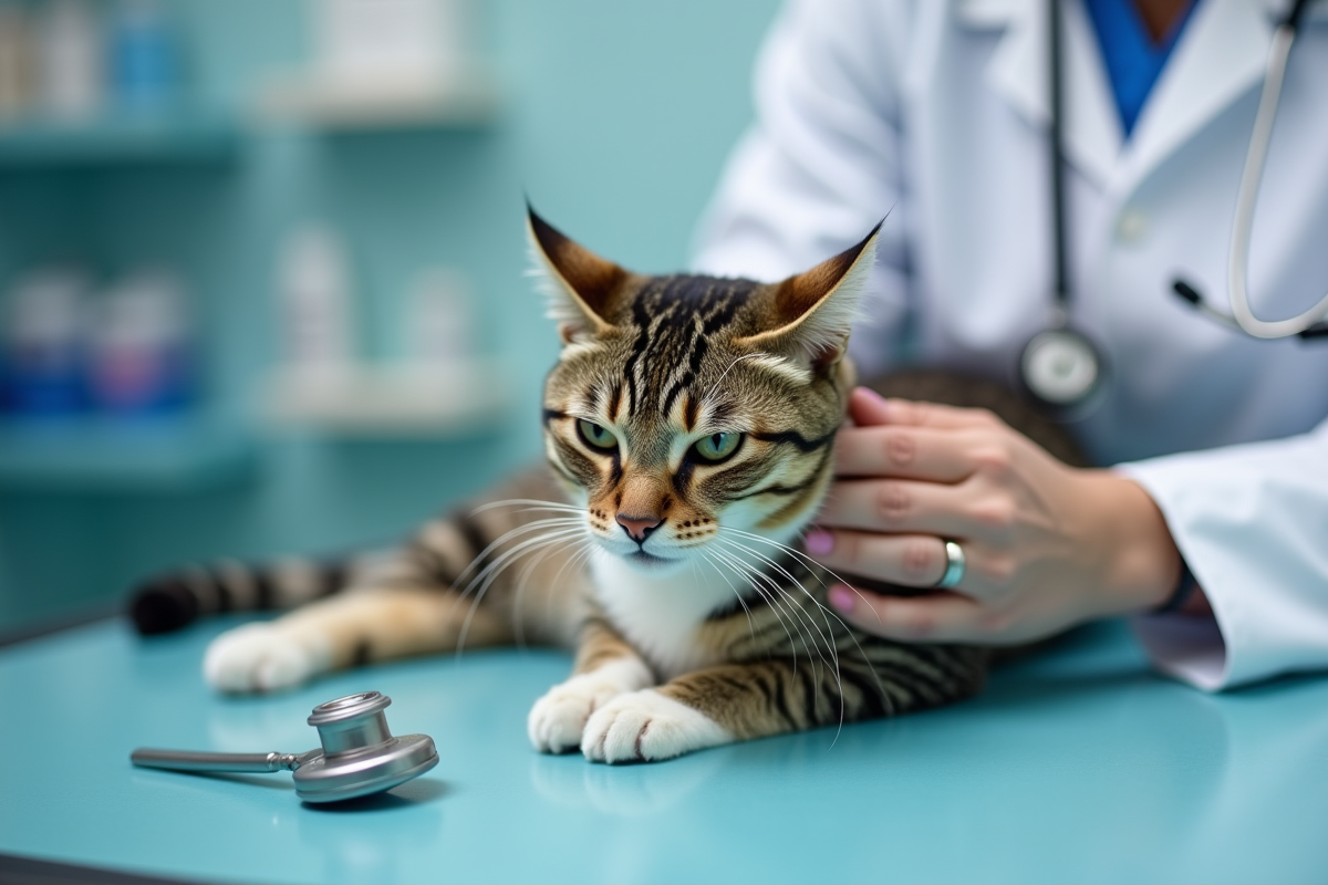 Vétérinaire examinant un chat tacheté en clinique