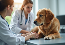 Vétérinaire examinant la patte d'un chien golden retriever