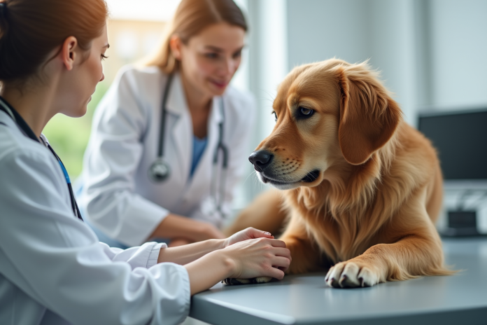 Vétérinaire examinant la patte d'un chien golden retriever