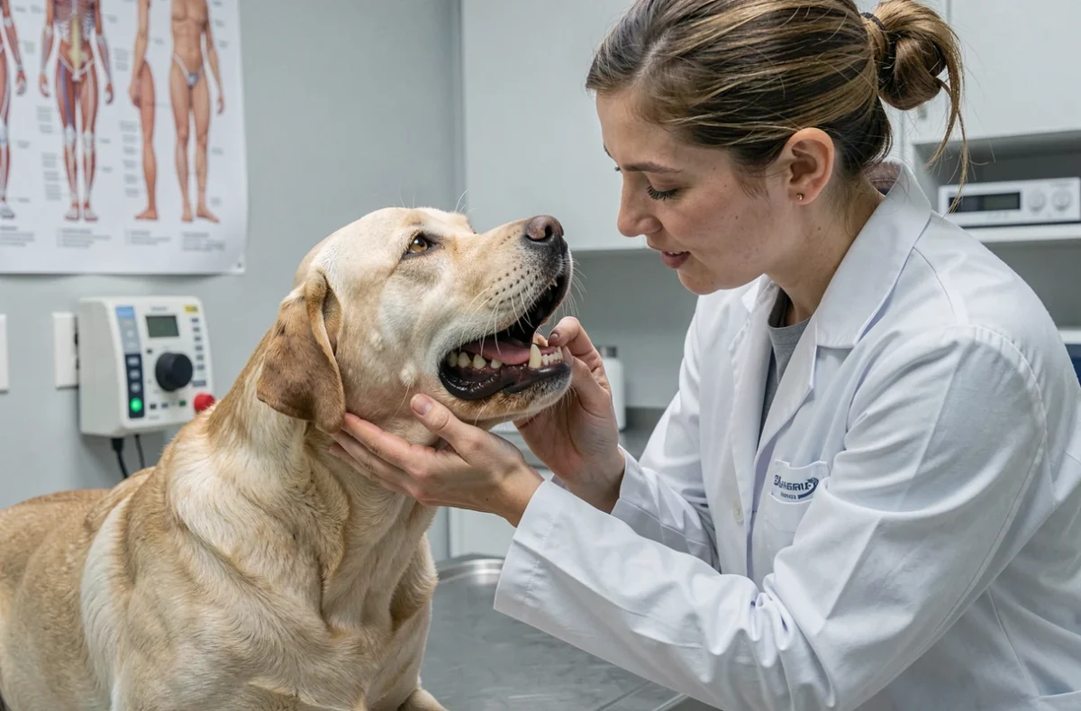 Vétérinaire examinant la mâchoire et les dents d'un labrador adulte lors d'une consultation, évaluation de la force de morsure canine