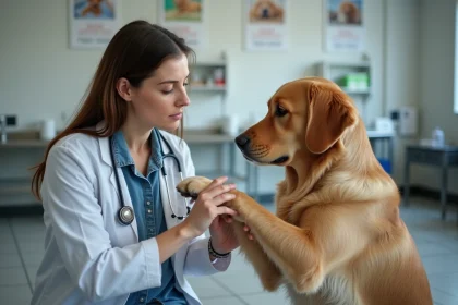 Vétérinaire examinant la patte d'un chien calme