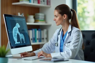 Vétérinaire femme en blouse blanche examine logiciel vétérinaire