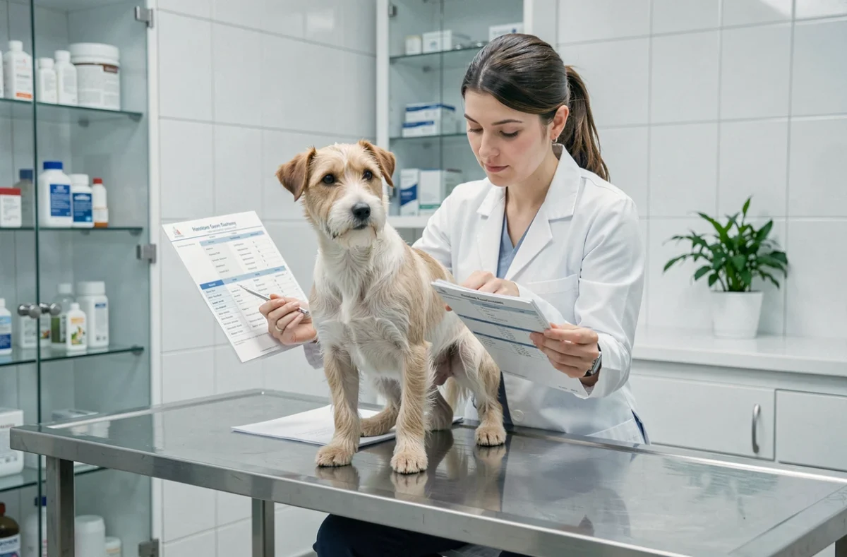 Vétérinaire évaluant la condition physique d'un Fox Terrier à poil court avec un guide nutritionnel en cabinet vétérinaire