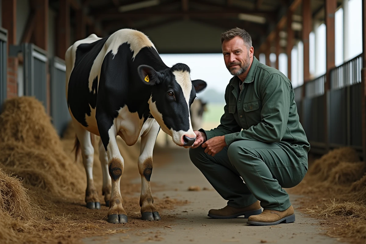 Vétérinaire rural en tenue de travail s'occupant d'une vache laitière dans une ferme agricole