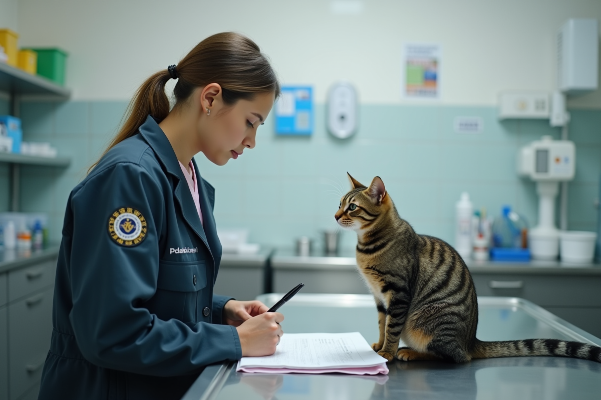 Vétérinaire remplissant un formulaire avec un chat sain