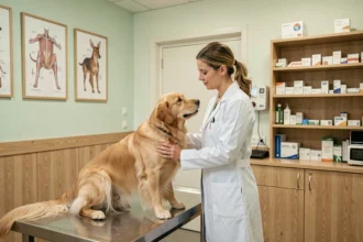 Vétérinaire en Centre-Val de Loire examinant un chien dans une clinique vétérinaire moderne