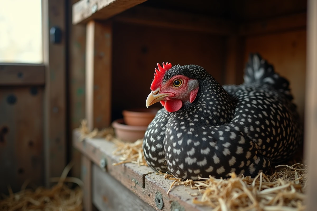 Vieille poule Marans se reposant dans un poulailler en bois traditionnel, évoquant la longévité et le bien-être des poules pondeuses en fin de vie