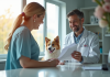 Propriétaire souriant à la clinique vétérinaire avec son chien