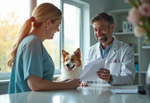 Propriétaire souriant à la clinique vétérinaire avec son chien