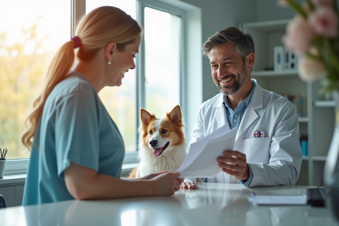 Propriétaire souriant à la clinique vétérinaire avec son chien