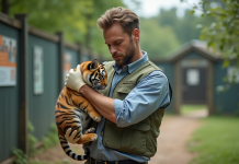Zoologiste professionnel avec un tigreau en milieu naturel