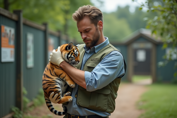 Zoologiste professionnel avec un tigreau en milieu naturel